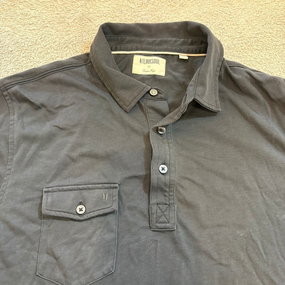 Linksoul Mens Short Sleeve Polo Shirt Charcoal Gray Button Pocket Size Medium